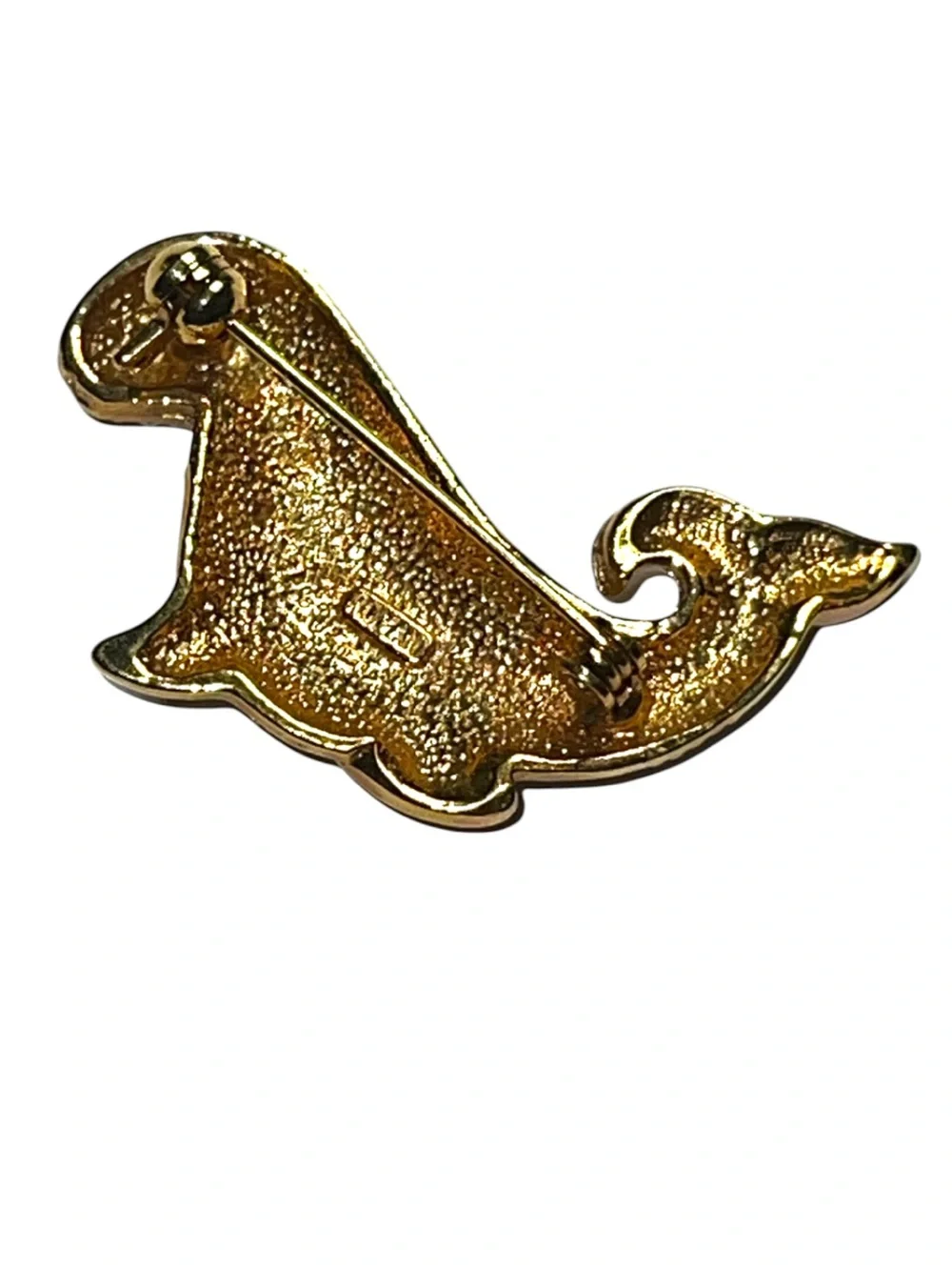 Vintage Gold Tone Whale Seal Brooch with Clear Rhinestones